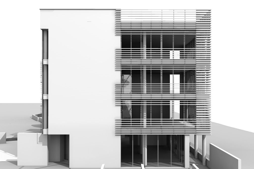 Progetto di edificio terziario e residenziale plurifamiliare in bioedilizia realizzato da Fulvio Miatello, a Vedano Olona